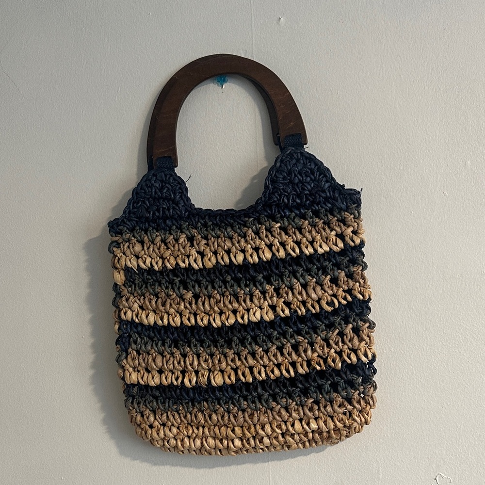 Handwoven Black and Tan Straw Tote with Wooden Handles
